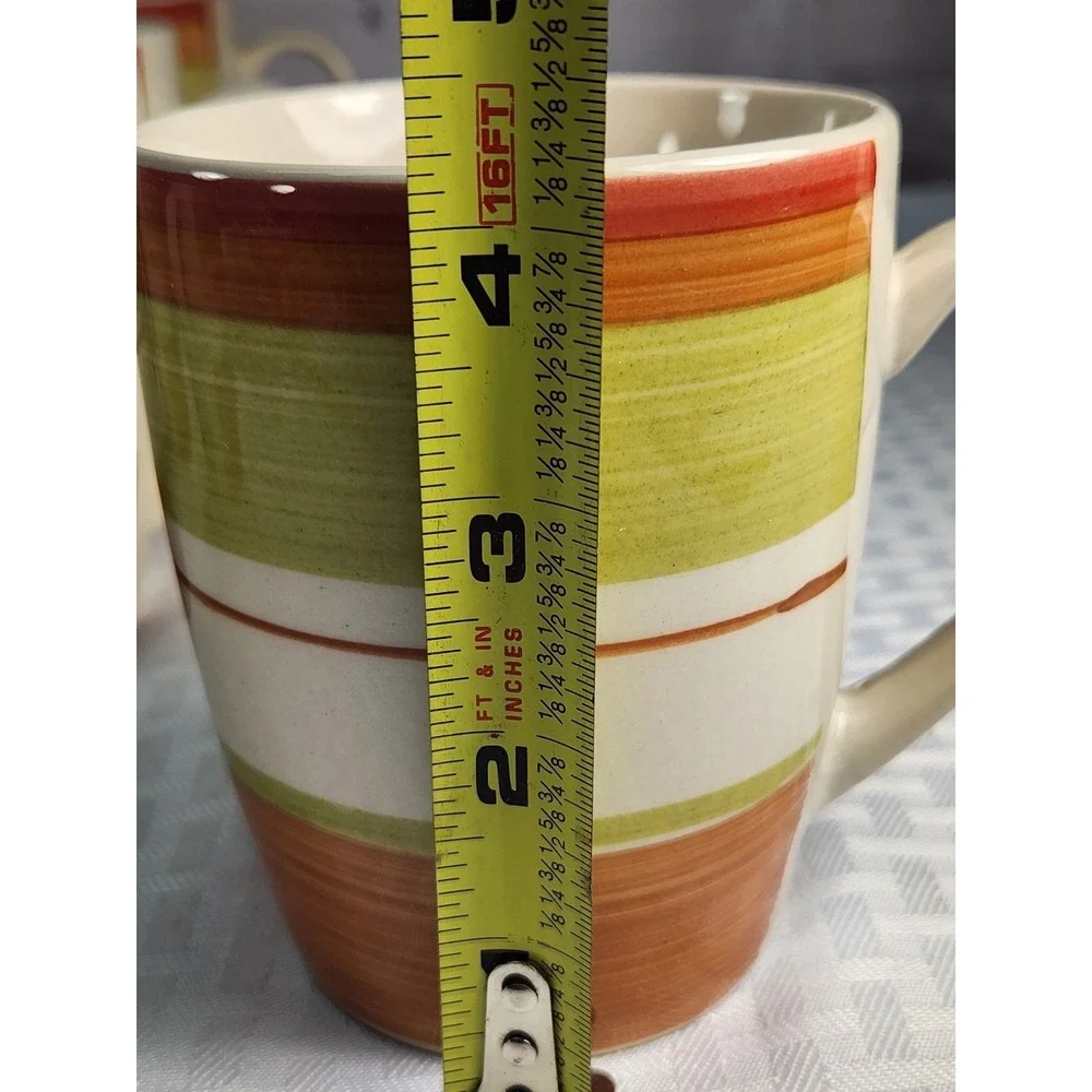 Pier 1 Valencia Coffee Cups Mugs, Handpainted, Orange, Red, Green Beige Set Of 8